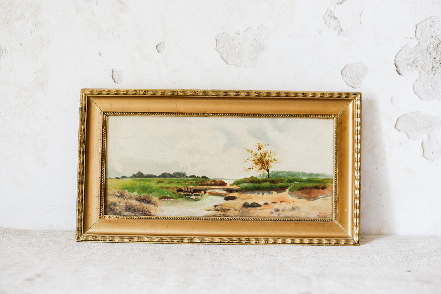 Antique 1904 Landscape Oil Painting on Canvas, Signed L.C. Warren, in Gilt Frame