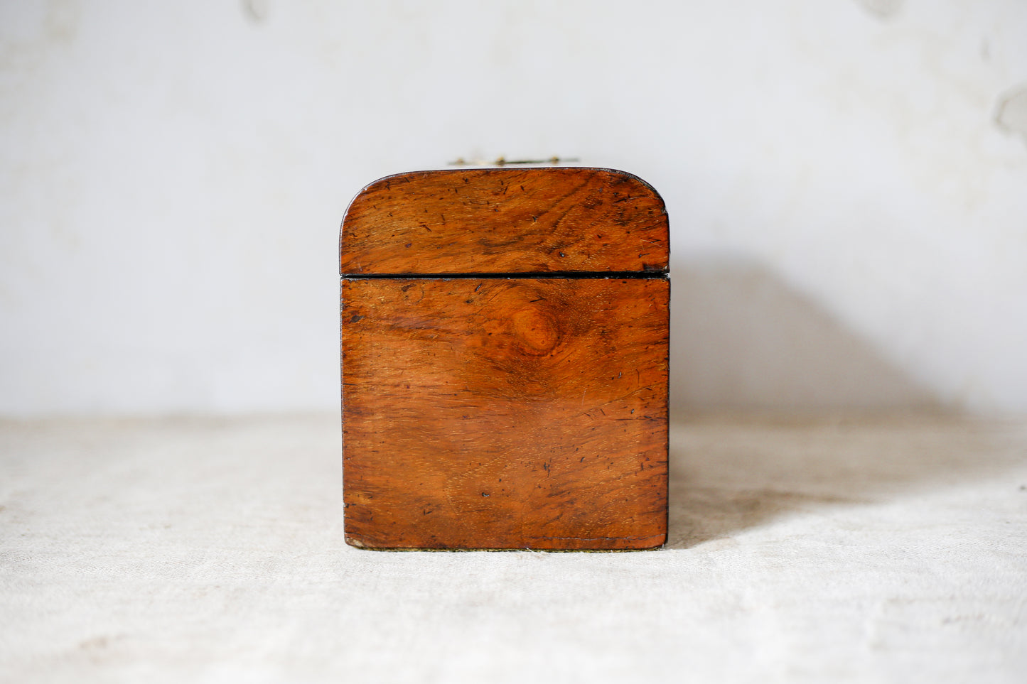 Antique Dome Top Walnut Tea Caddy with Brass Decoration, c1860