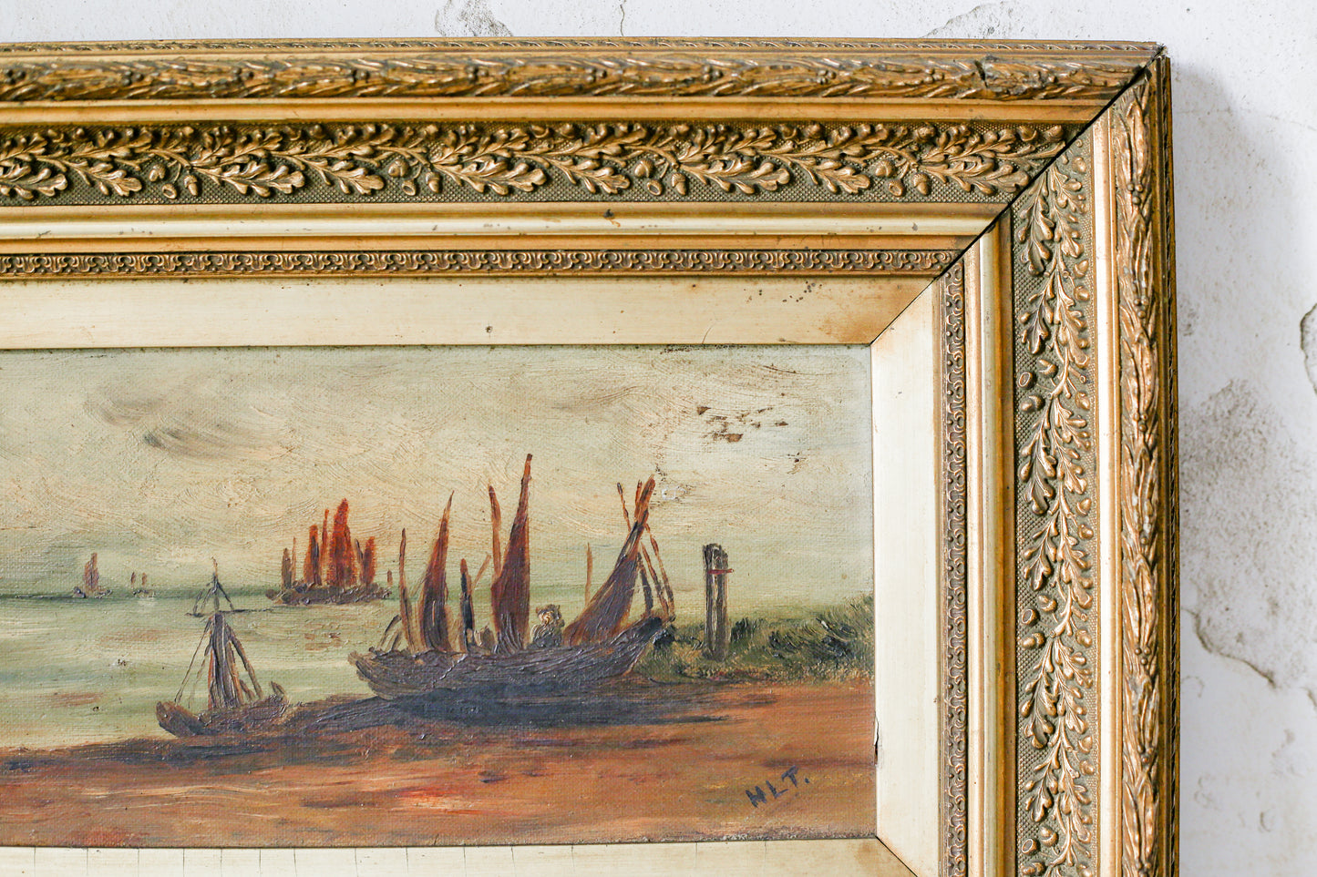 Antique British Coastal Scene Oil Painting in Gilt Wood Frame, c1900