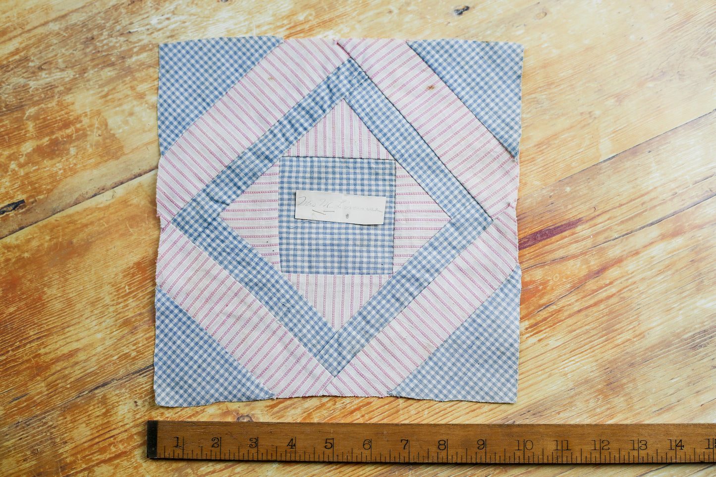Antique Blue and Pink Quilt Block with Name, c1910