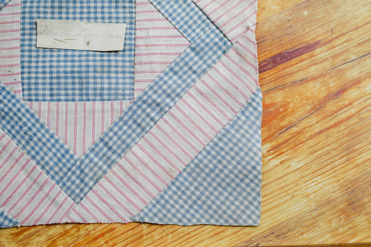 Antique Blue and Pink Quilt Block with Name, c1910