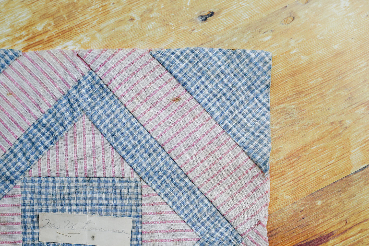 Antique Blue and Pink Quilt Block with Name, c1910