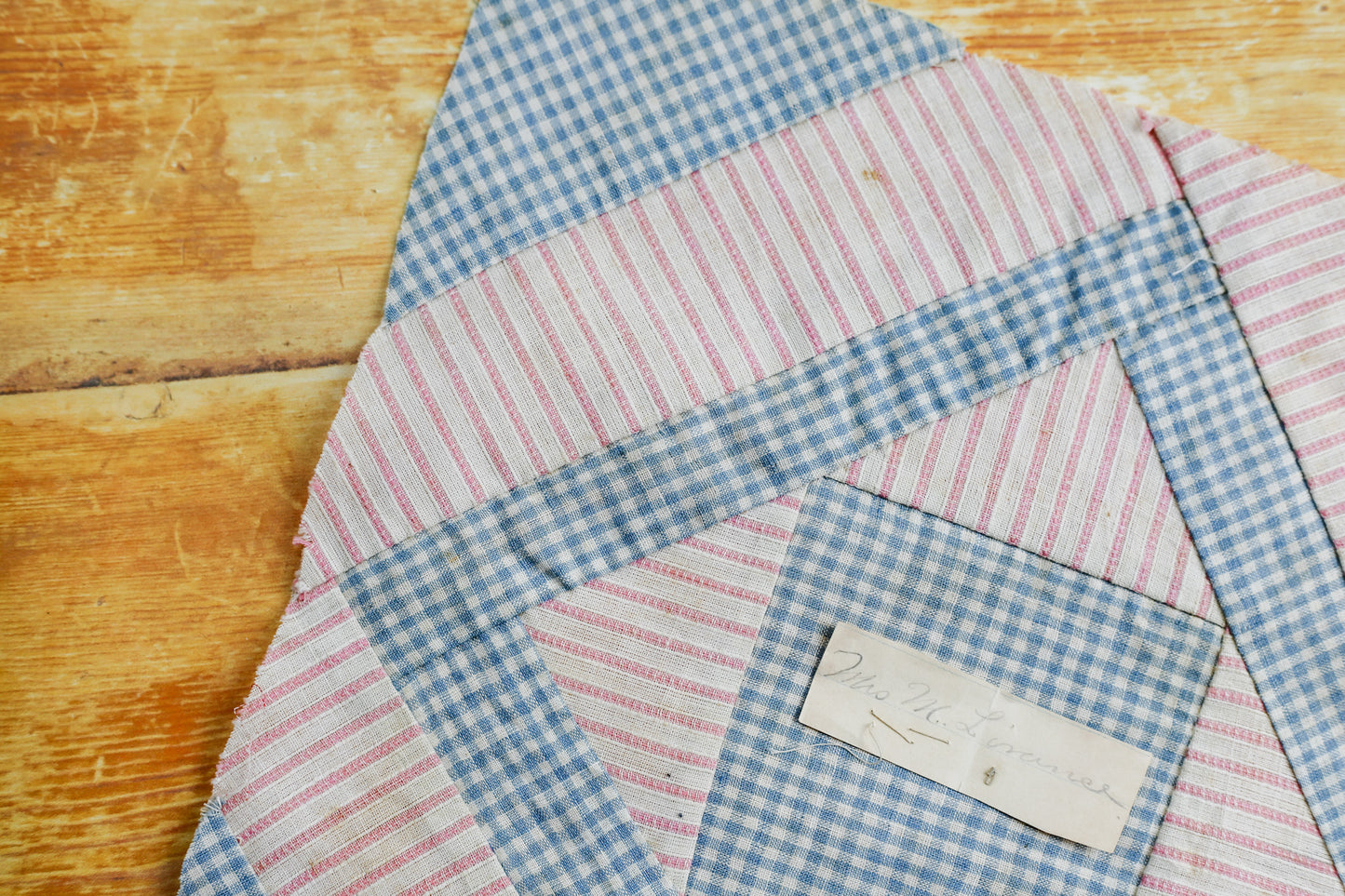 Antique Blue and Pink Quilt Block with Name, c1910
