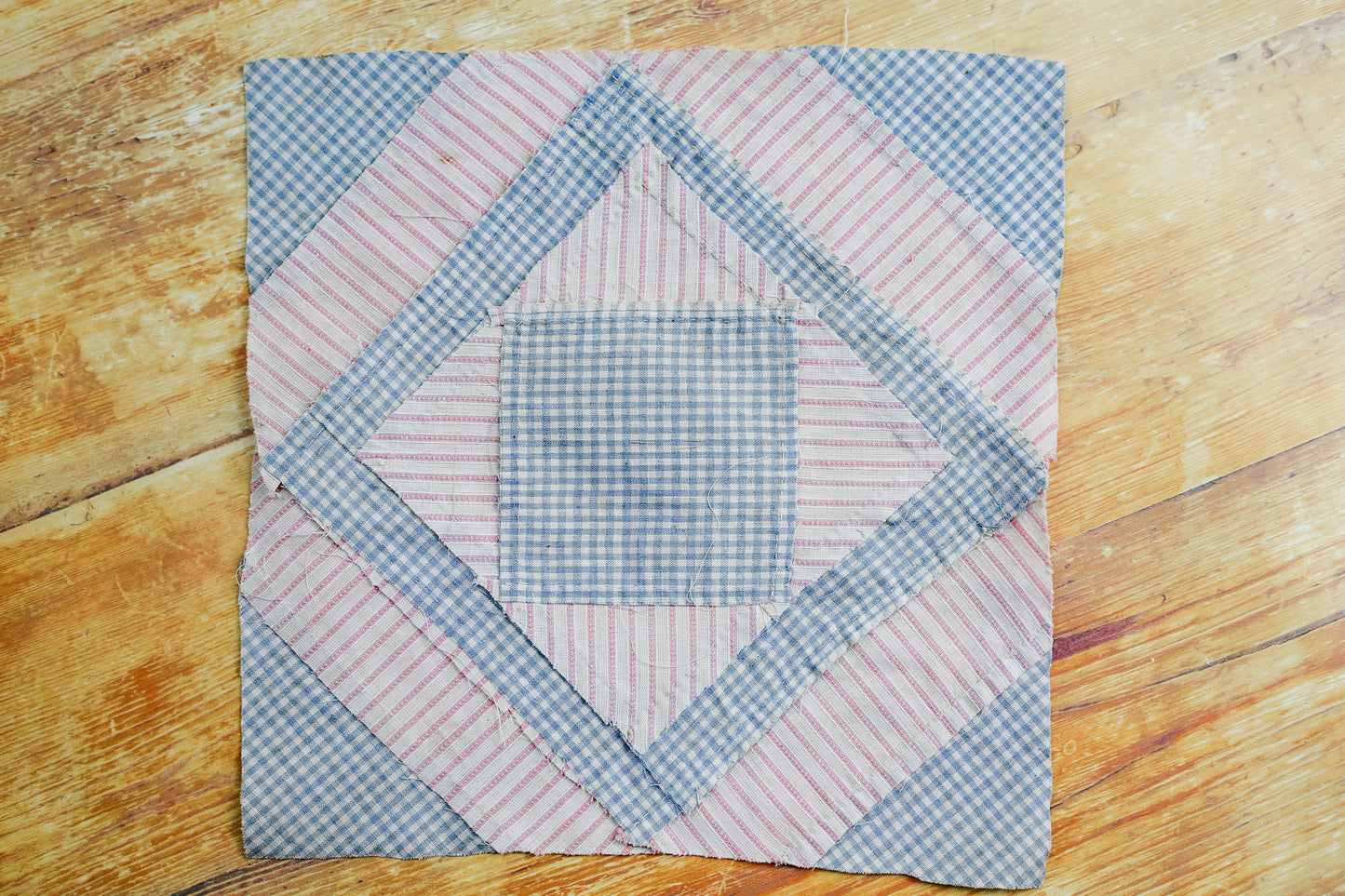 Antique Blue and Pink Quilt Block with Name, c1910
