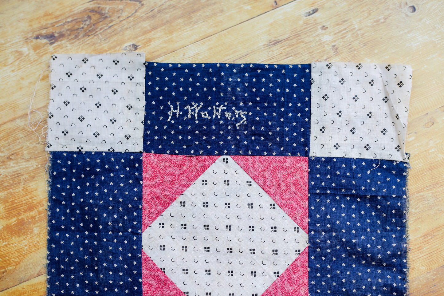 Antique Blue and Pink “H. Walters” Signed Quilt Block, c1910