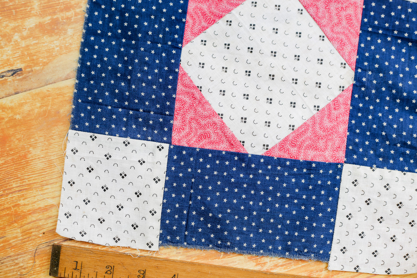 Antique Blue and Pink “H. Walters” Signed Quilt Block, c1910