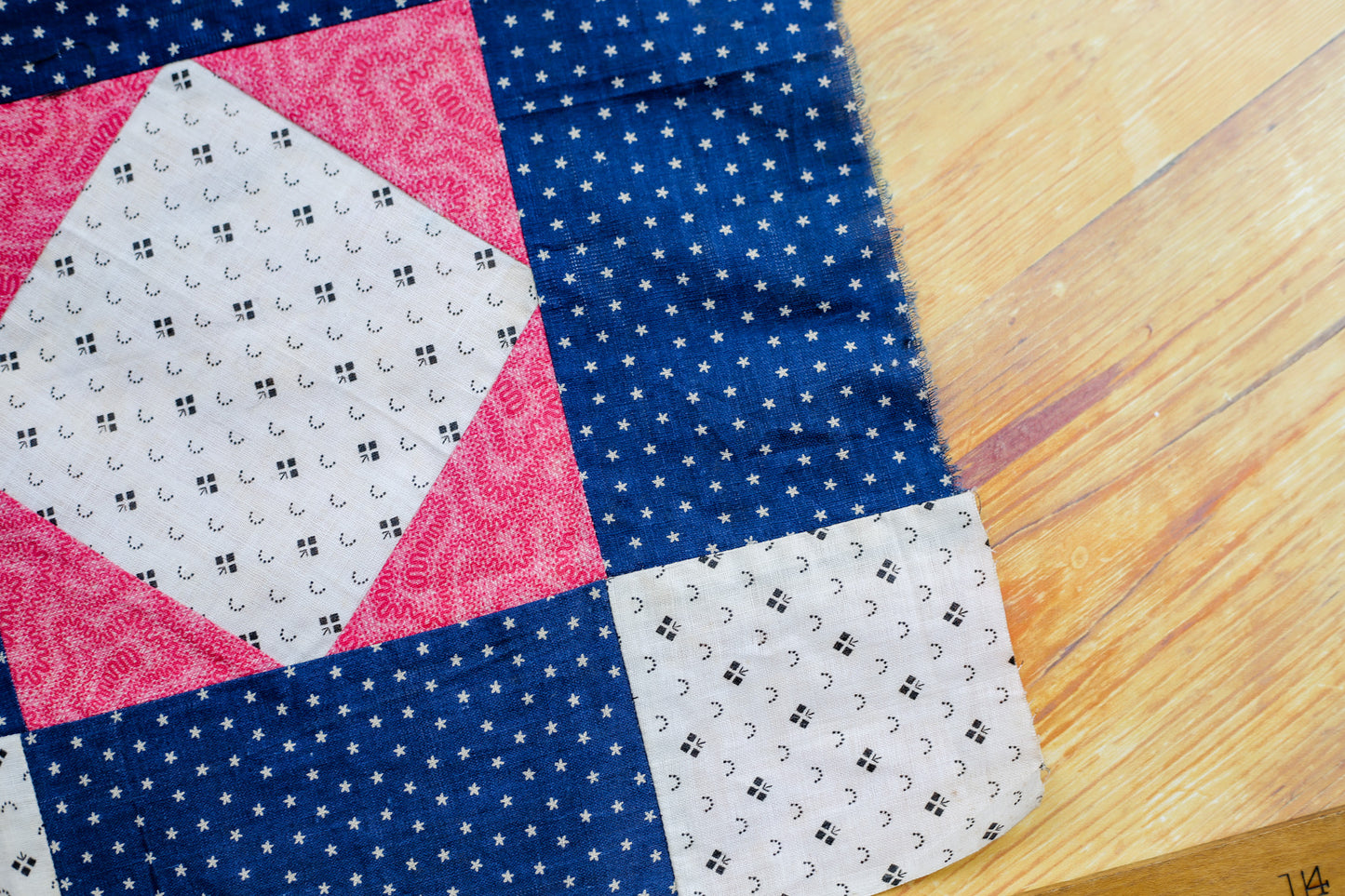 Antique Blue and Pink “H. Walters” Signed Quilt Block, c1910