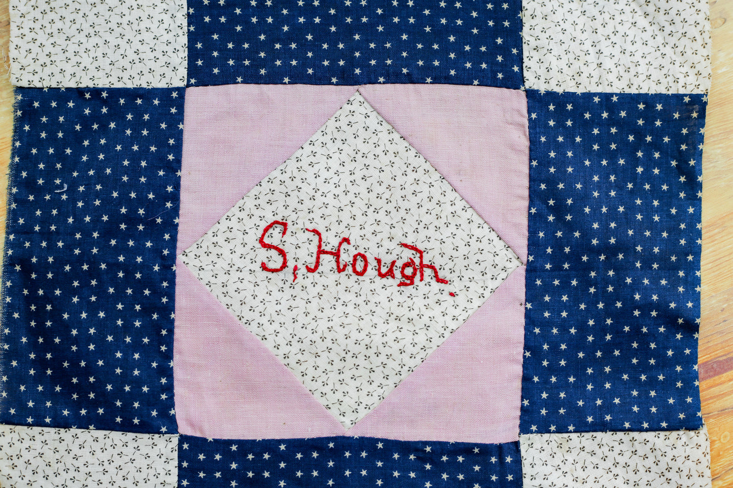 Antique Blue and Pink “S. Hough” Signed Quilt Block, c1910
