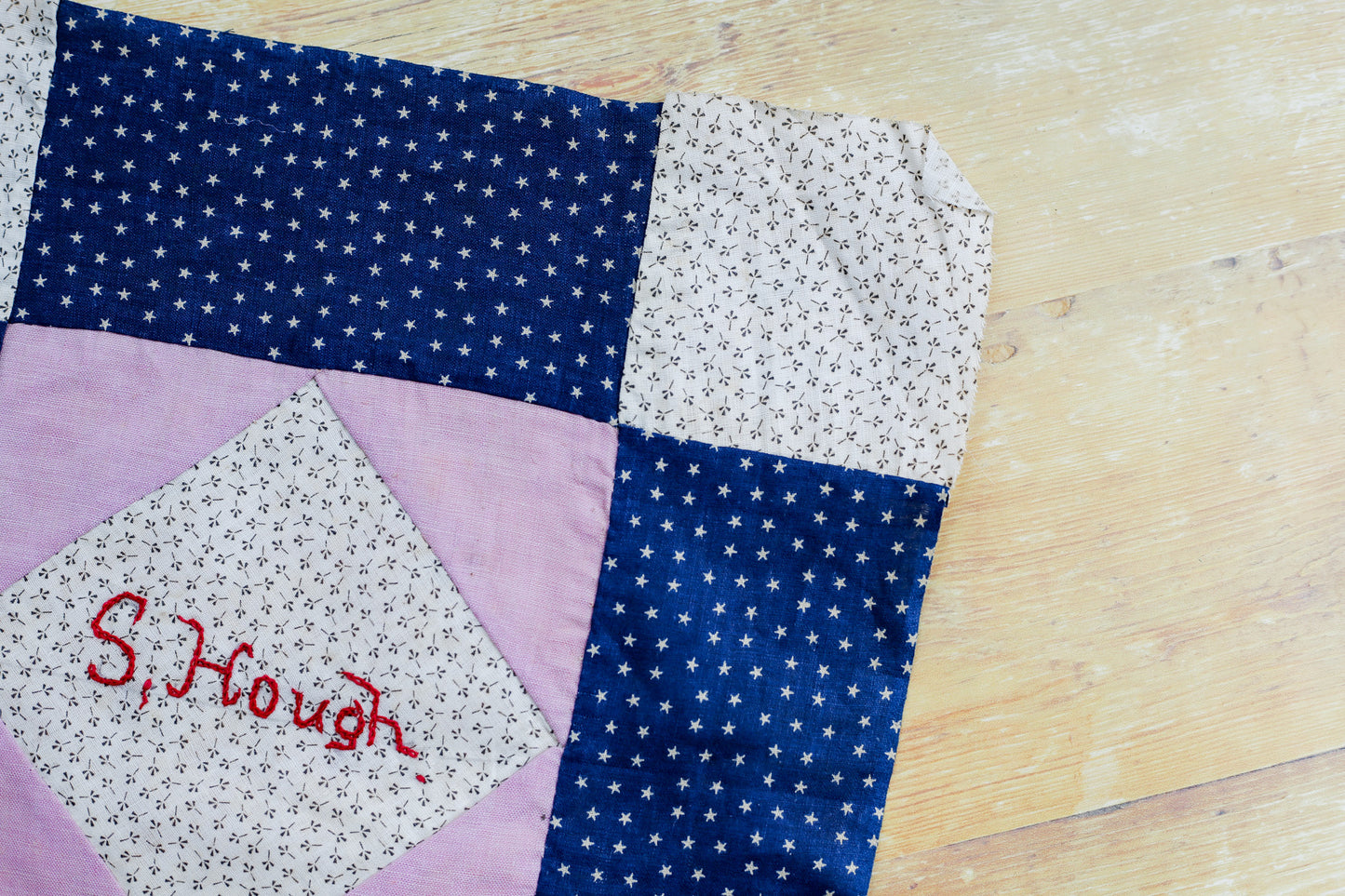 Antique Blue and Pink “S. Hough” Signed Quilt Block, c1910