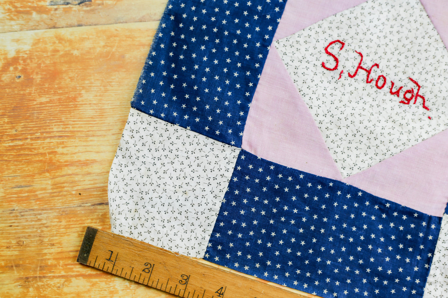 Antique Blue and Pink “S. Hough” Signed Quilt Block, c1910