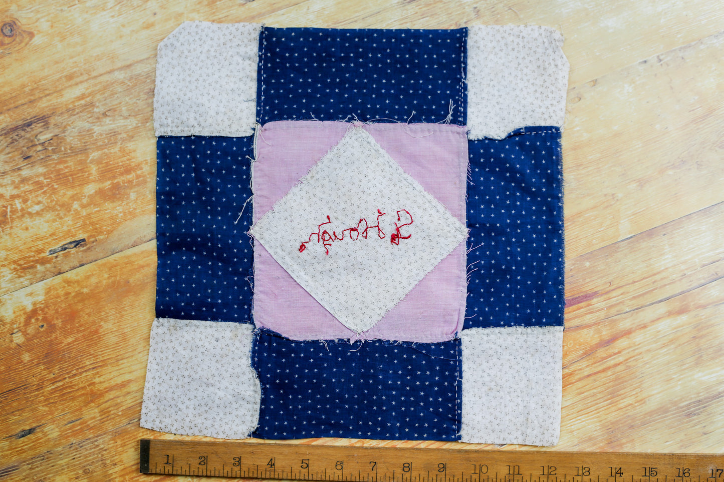 Antique Blue and Pink “S. Hough” Signed Quilt Block, c1910