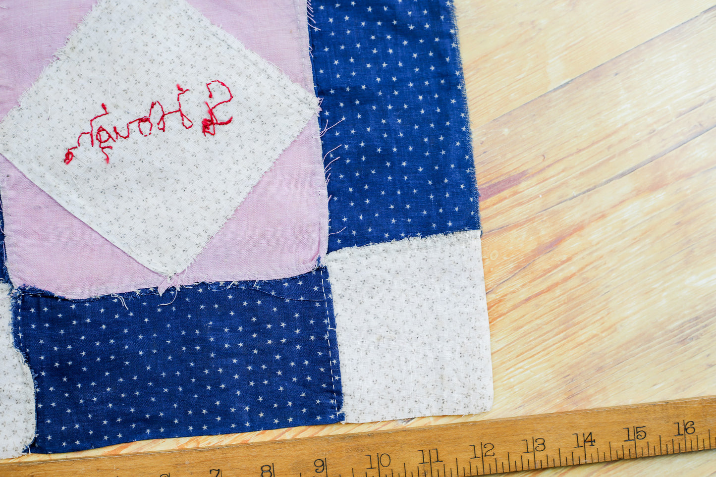 Antique Blue and Pink “S. Hough” Signed Quilt Block, c1910