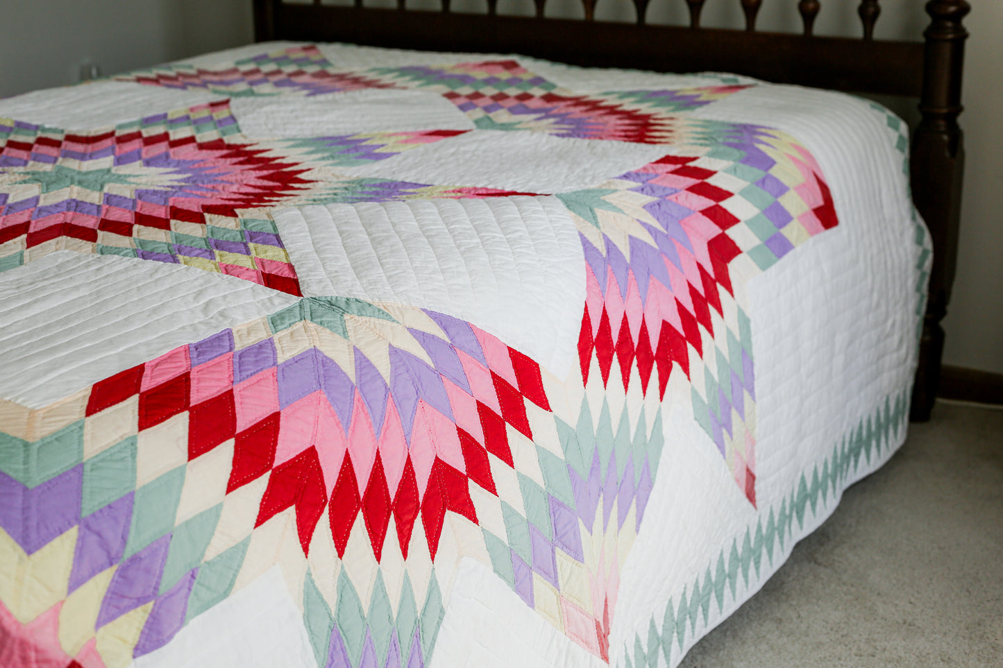 Vintage Rainbow Broken Star Quilt, c1960