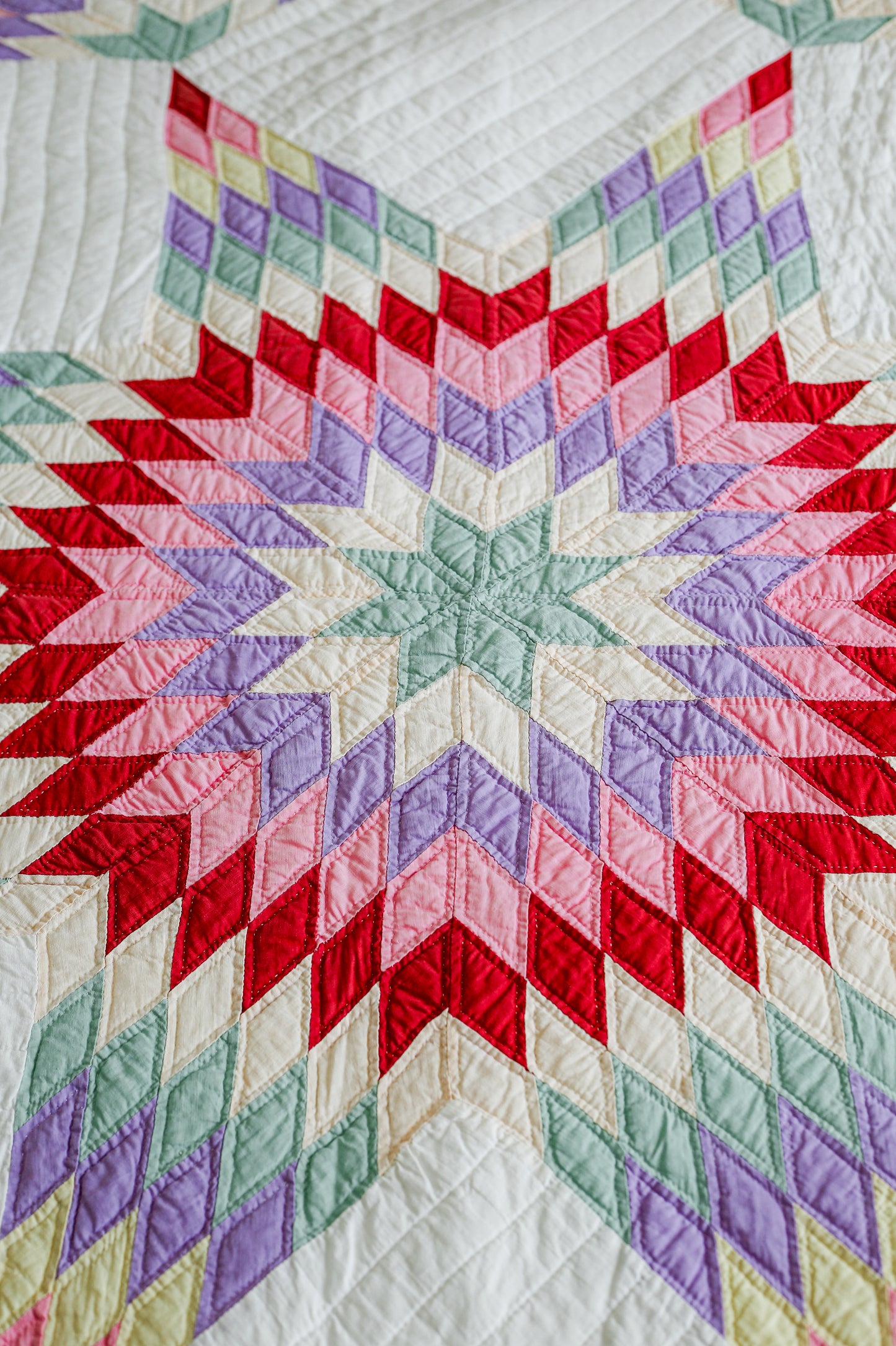 Vintage Rainbow Broken Star Quilt, c1960