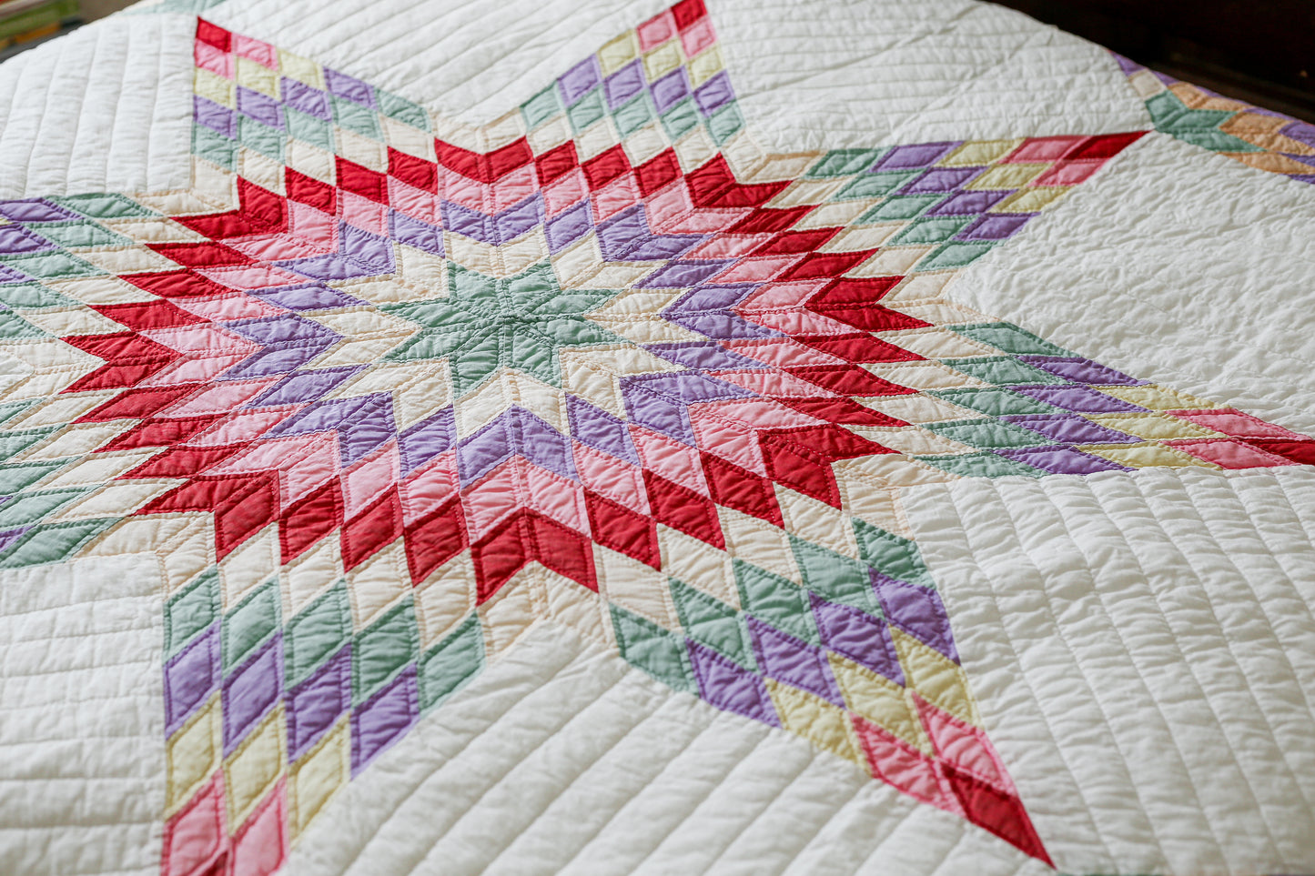 Vintage Rainbow Broken Star Quilt, c1960