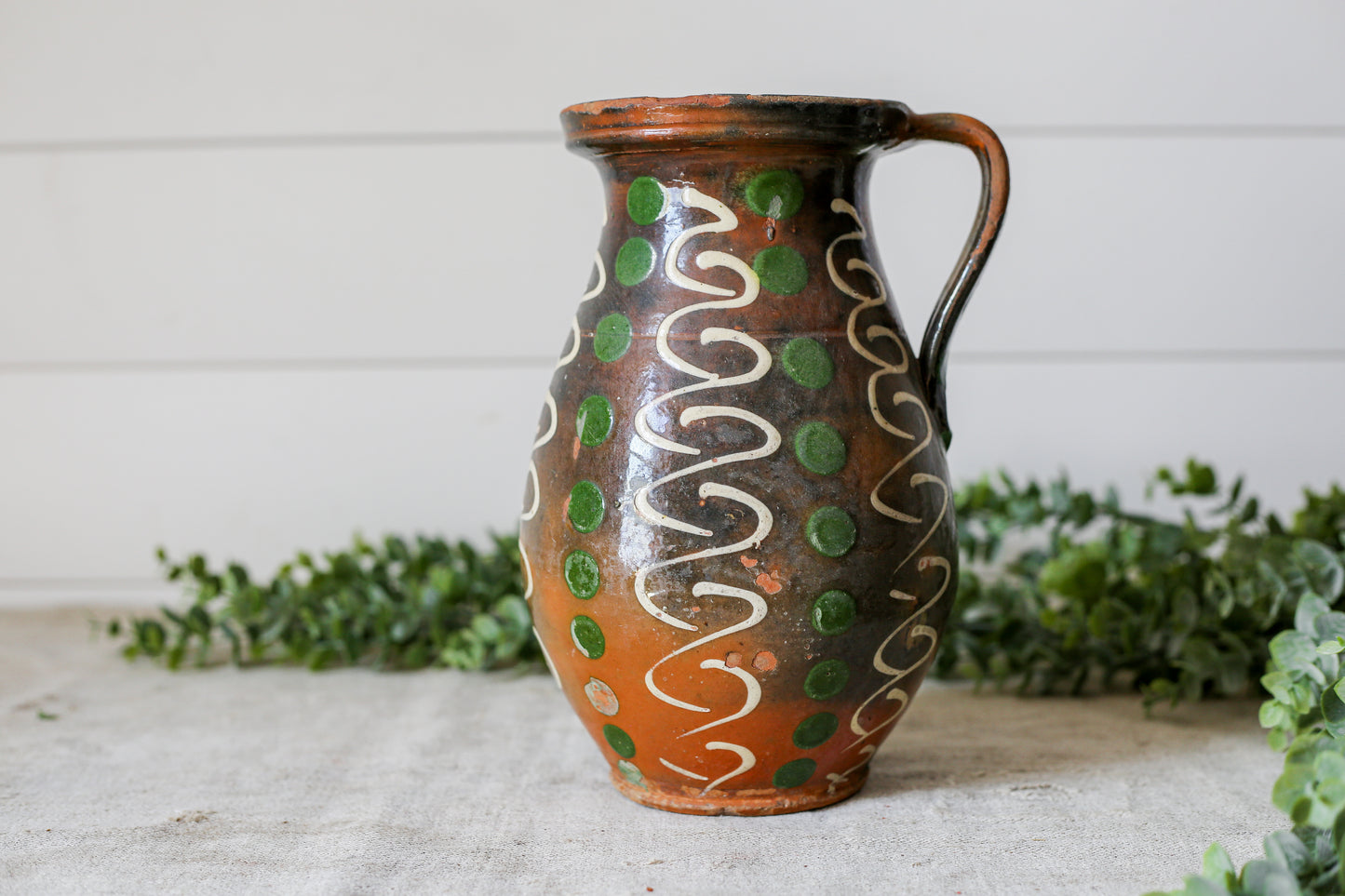 Vintage Eastern European Green and Brown Pottery Jug