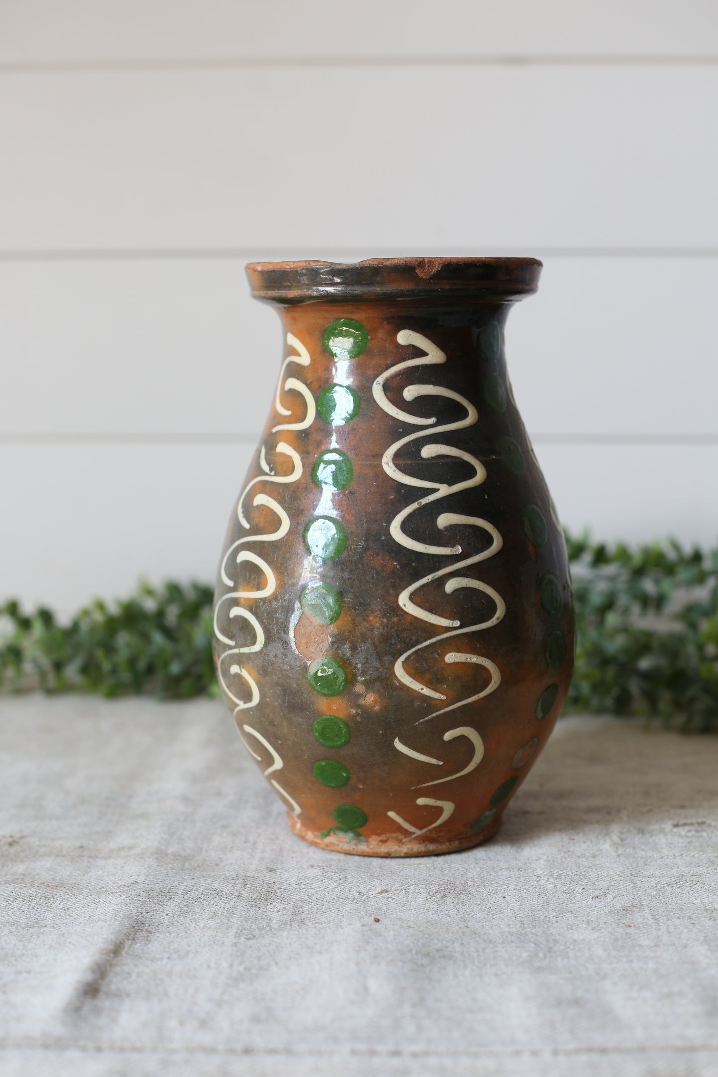 Vintage Eastern European Green and Brown Pottery Jug