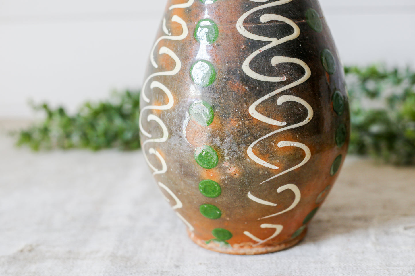 Vintage Eastern European Green and Brown Pottery Jug