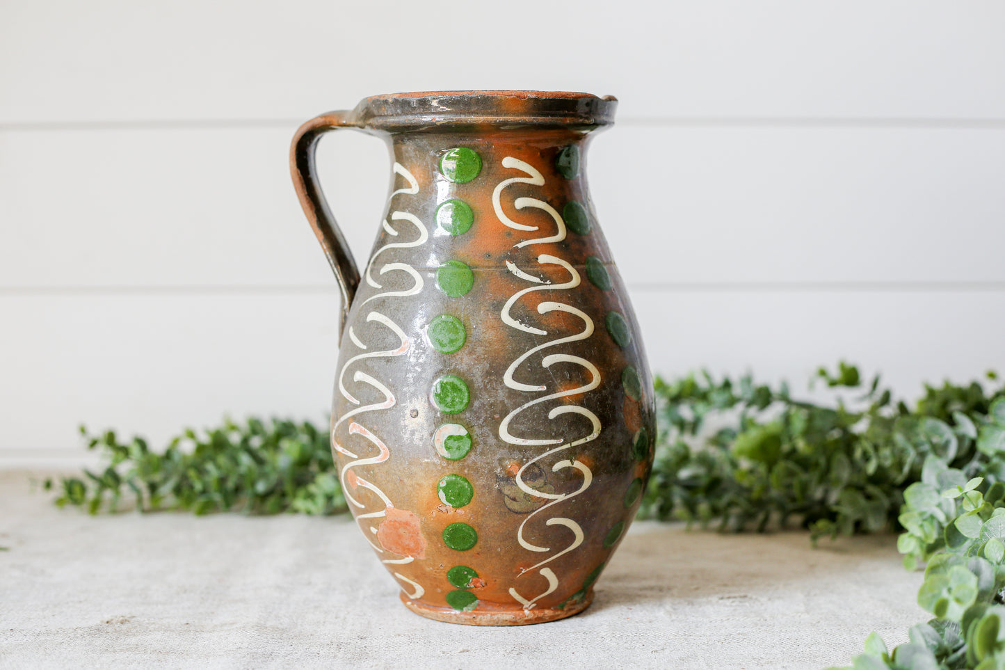 Vintage Eastern European Green and Brown Pottery Jug