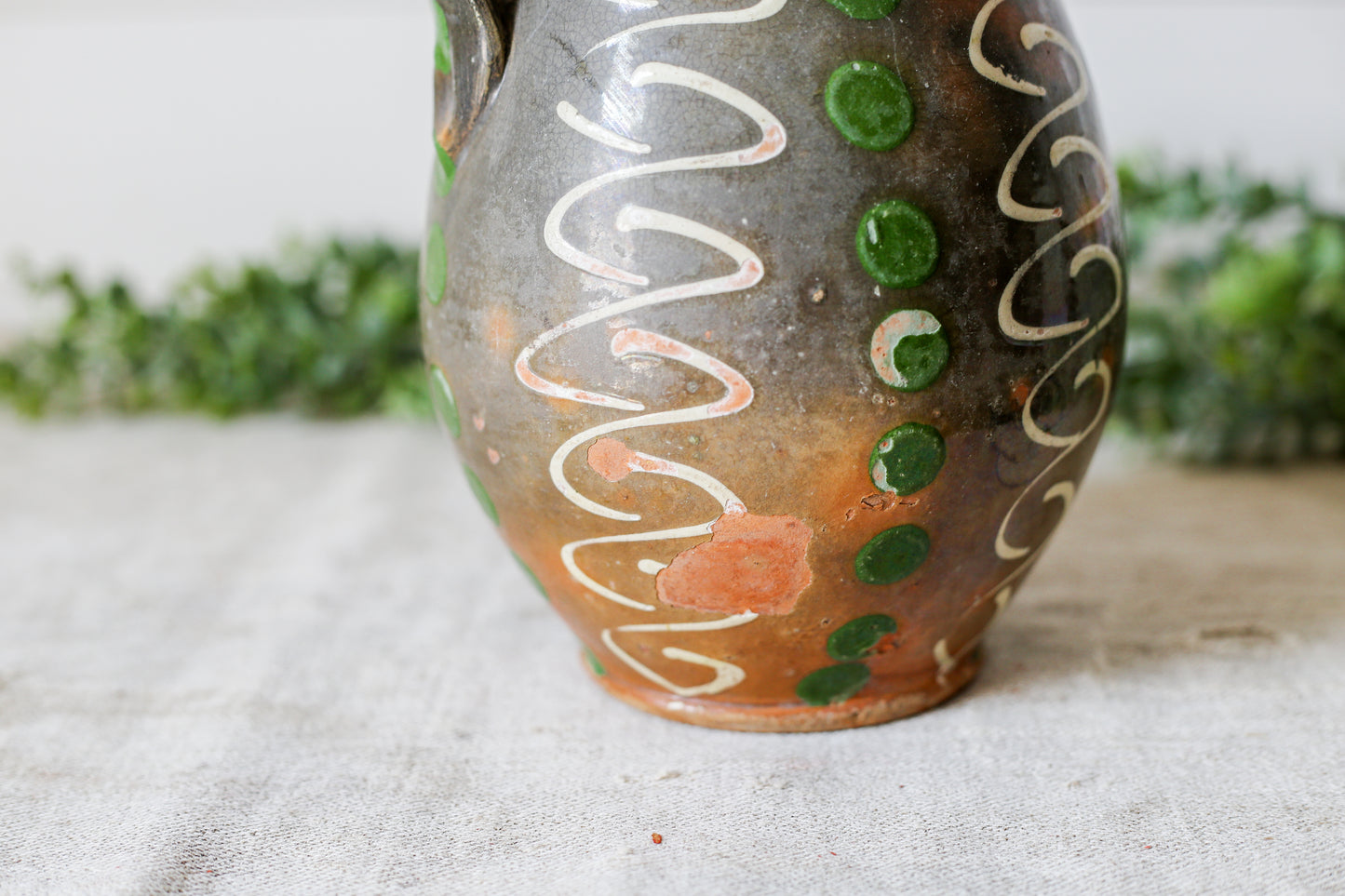 Vintage Eastern European Green and Brown Pottery Jug