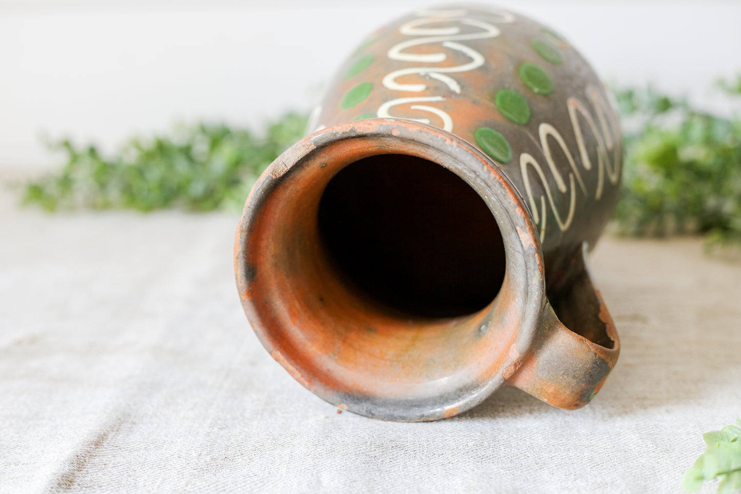 Vintage Eastern European Green and Brown Pottery Jug