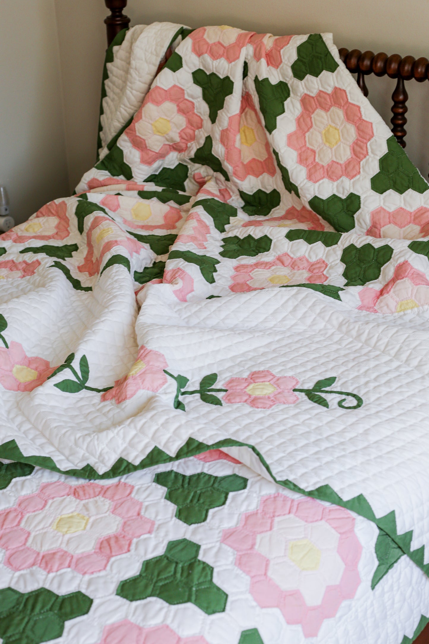 Pair of Pink and Green Grandmother’s Flower Garden Handmade Twin Quilts