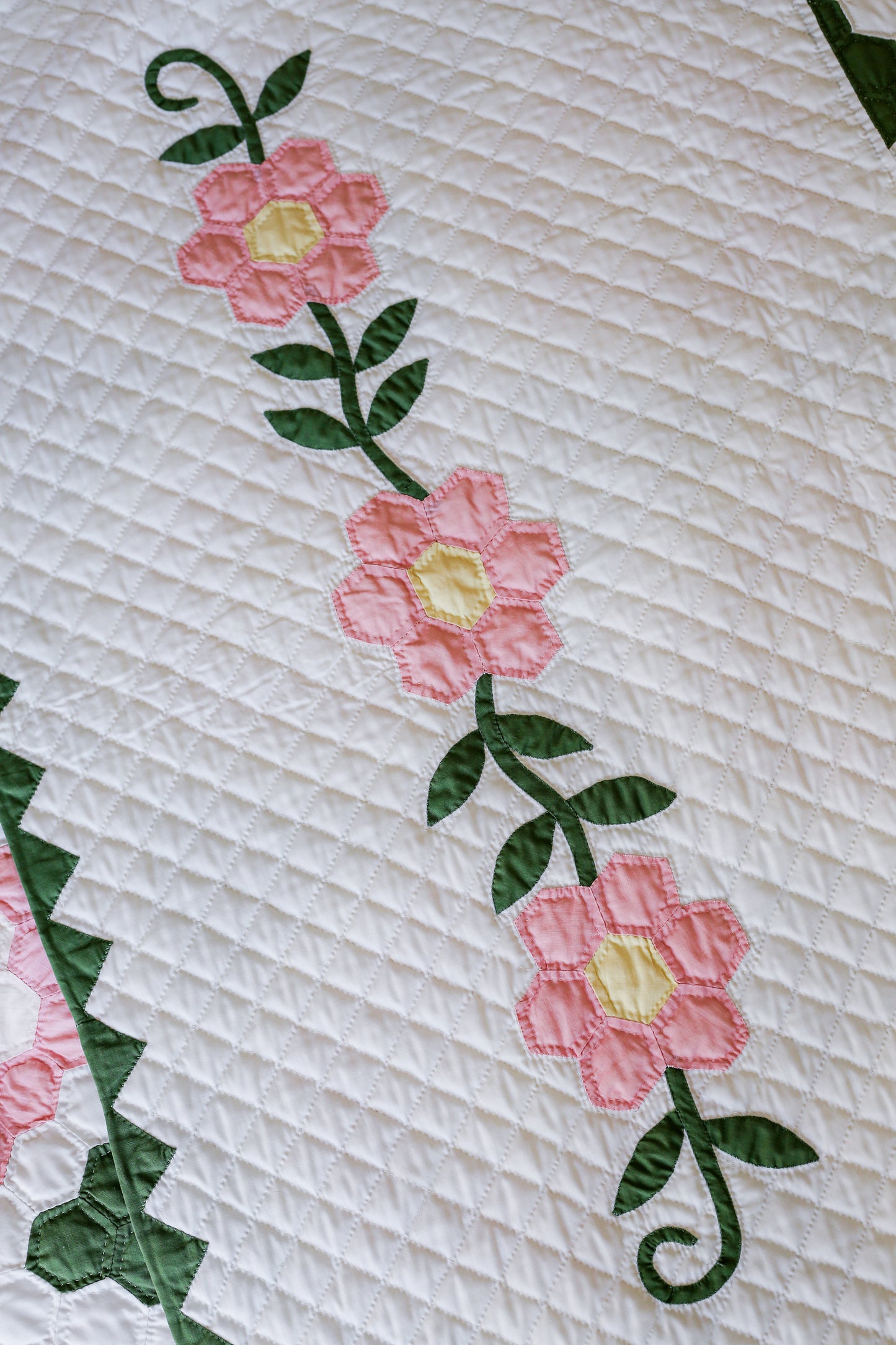 Pair of Pink and Green Grandmother’s Flower Garden Handmade Twin Quilts