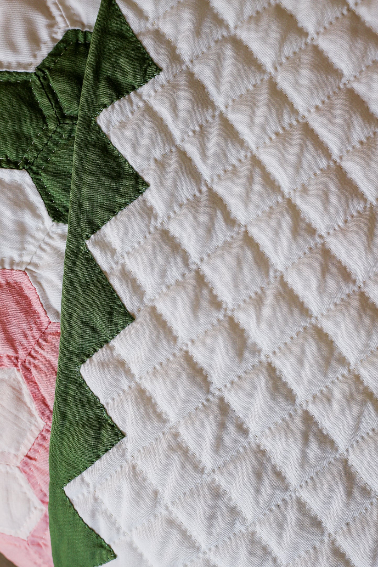 Pair of Pink and Green Grandmother’s Flower Garden Handmade Twin Quilts