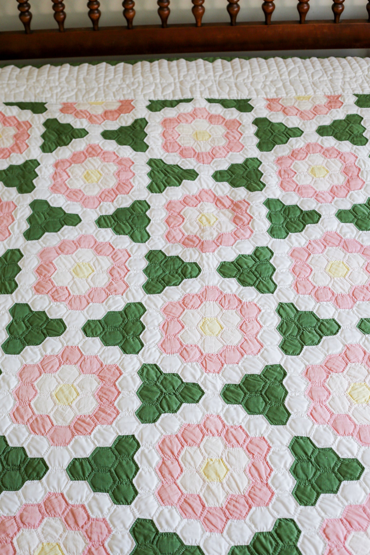 Pair of Pink and Green Grandmother’s Flower Garden Handmade Twin Quilts