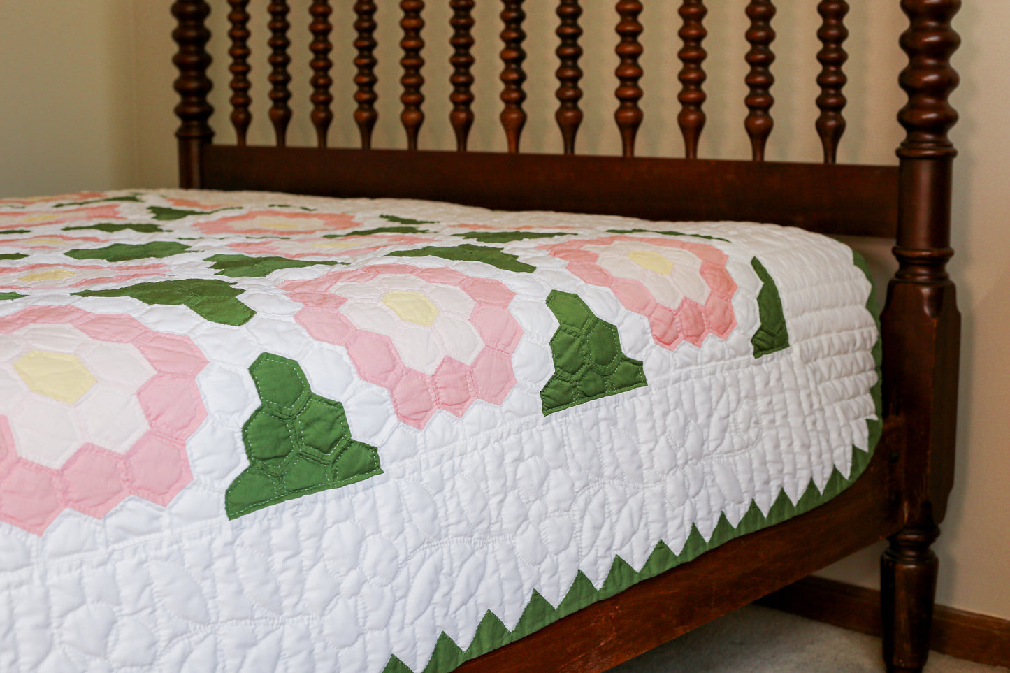 Pair of Pink and Green Grandmother’s Flower Garden Handmade Twin Quilts