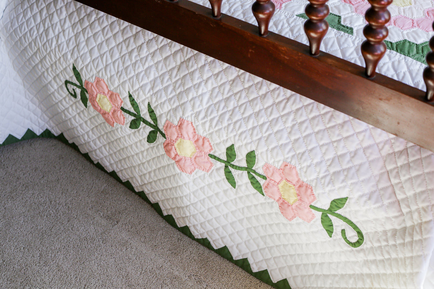 Pair of Pink and Green Grandmother’s Flower Garden Handmade Twin Quilts