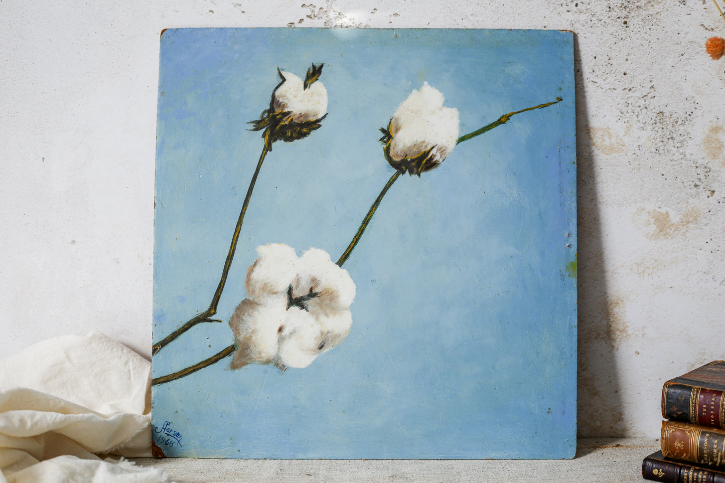 Vintage Cotton Boll Study - Original 1968 Signed Painting by Aaersen