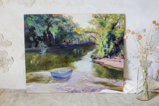 Original Boat on Water Landscape / Female Study Oil Painting on Board