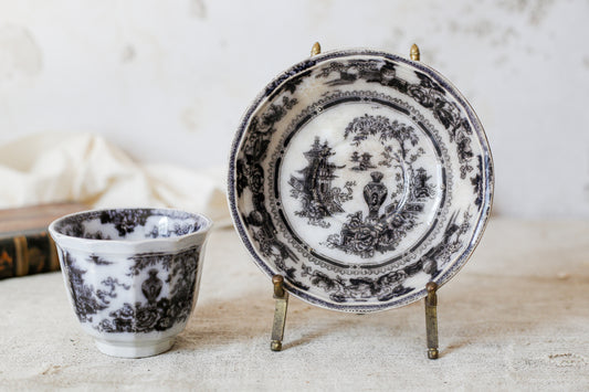 Antique Chinoiserie Black Ironstone Teacup and Saucer
