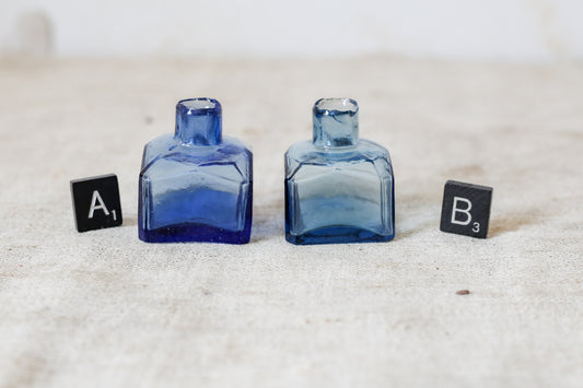Antique Blue Glass English Inkwells