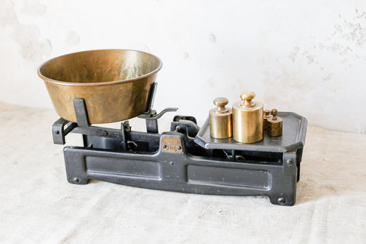Antique Cast Iron Balance Scale with Brass Weights