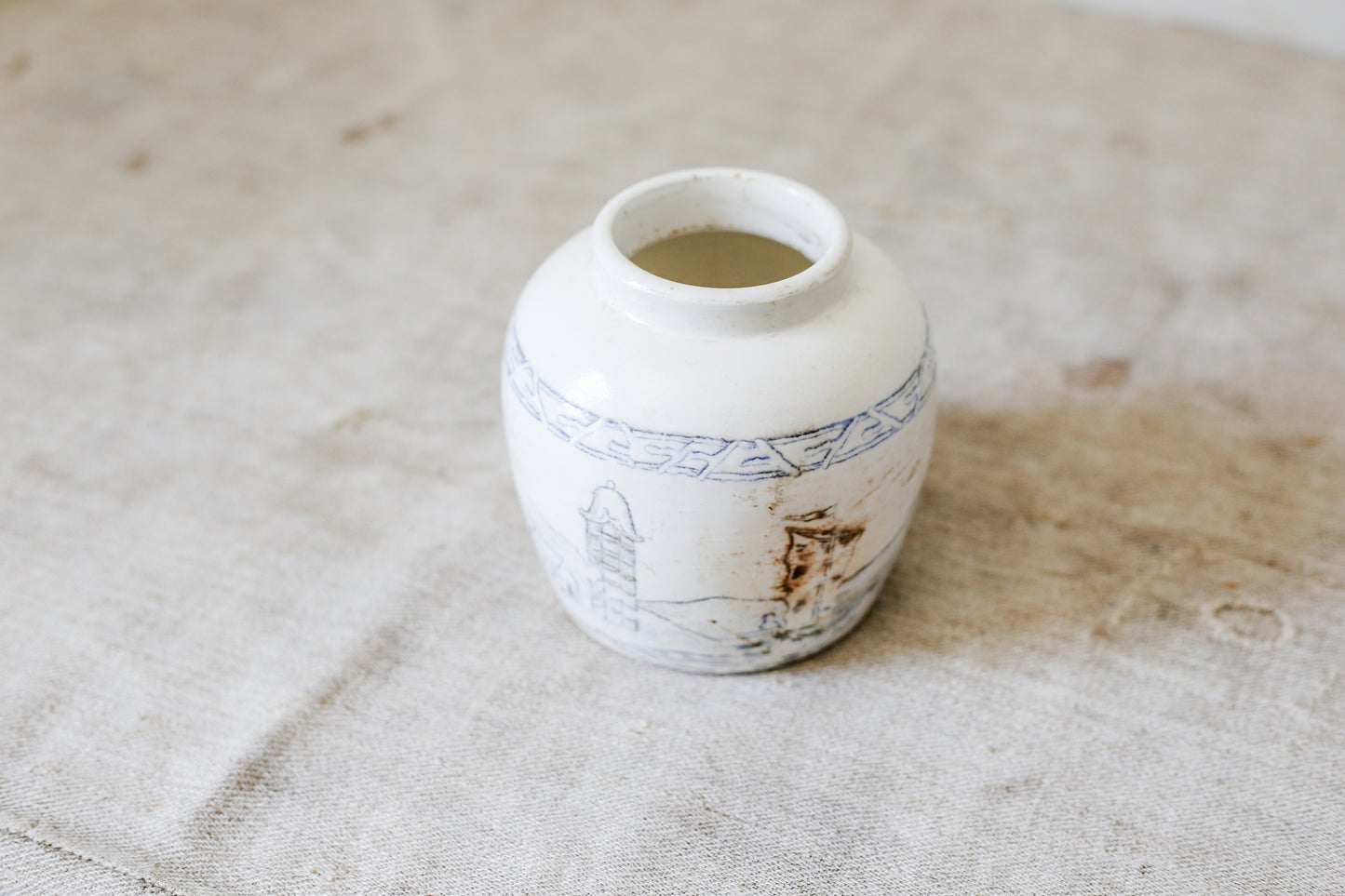Antique 4" Blue and White Pictorial Ginger Jar