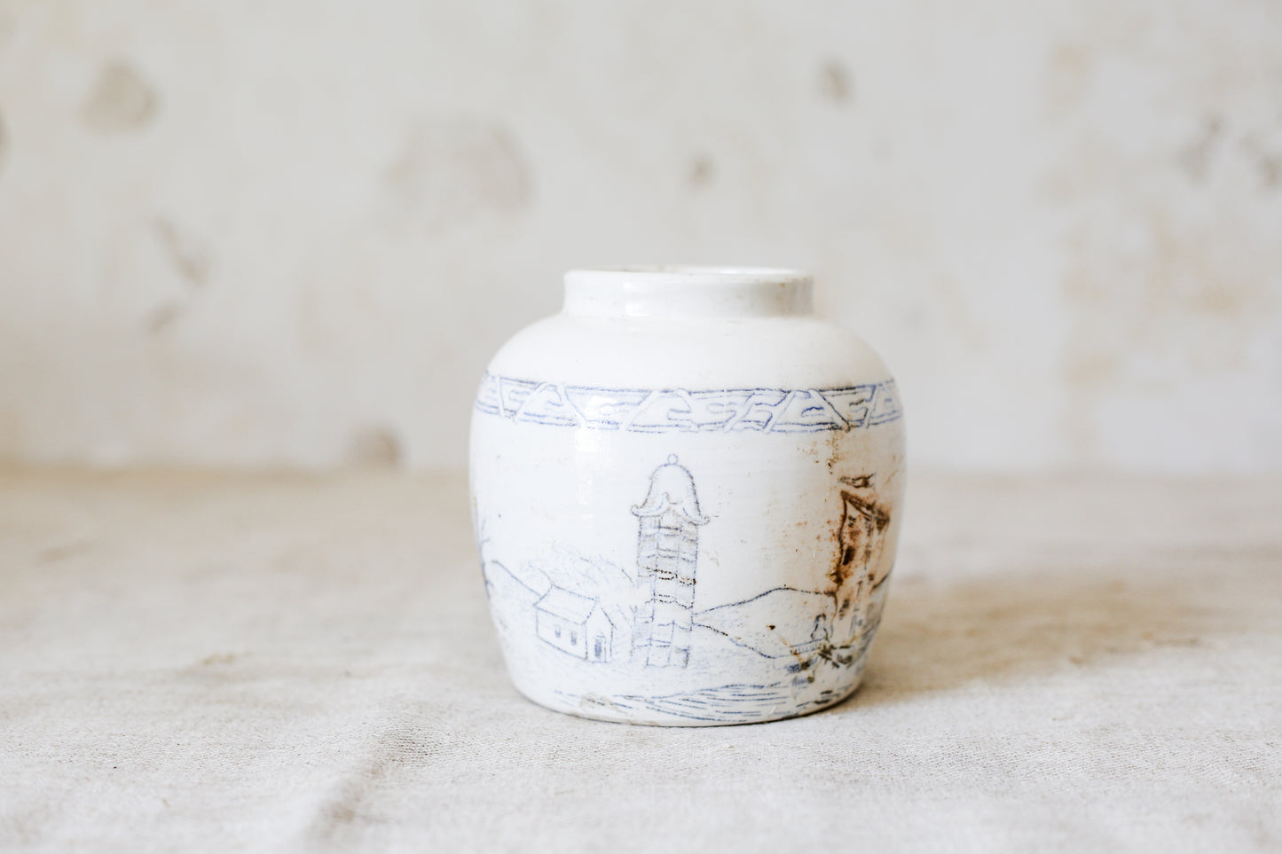 Antique 4" Blue and White Pictorial Ginger Jar