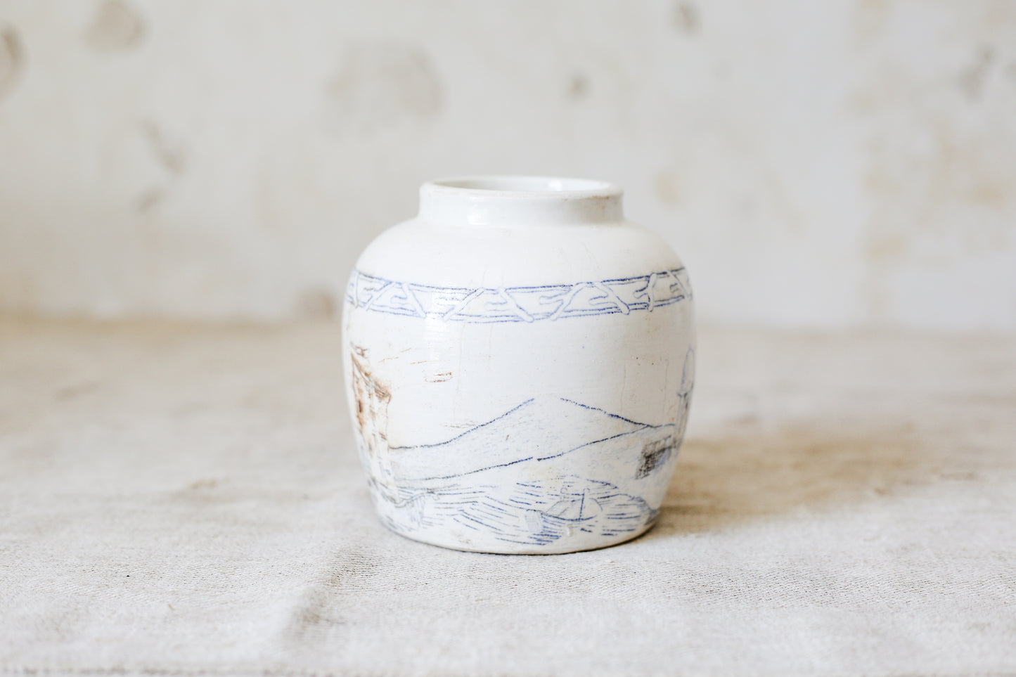 Antique 4" Blue and White Pictorial Ginger Jar