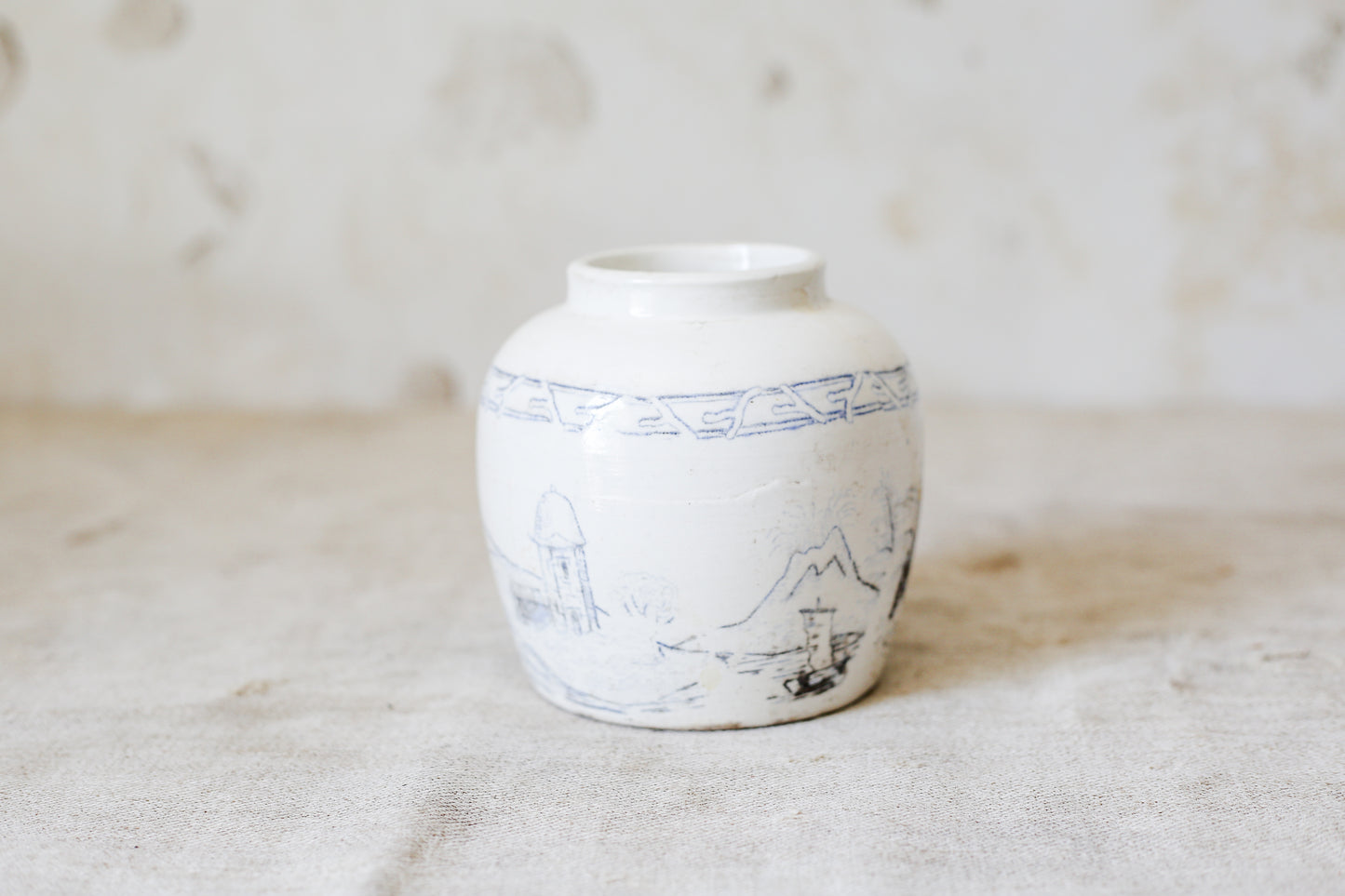 Antique 4" Blue and White Pictorial Ginger Jar