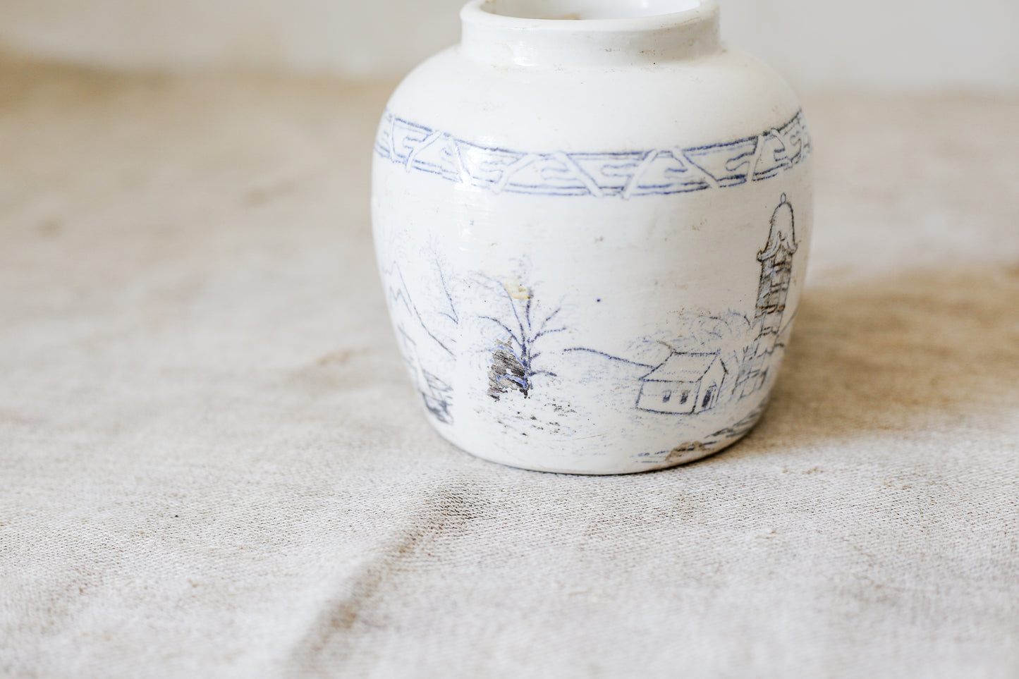 Antique 4" Blue and White Pictorial Ginger Jar