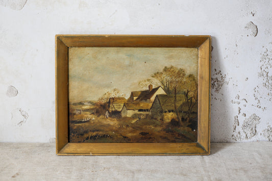 English Farmyard Landscape Signed Painting, c1900