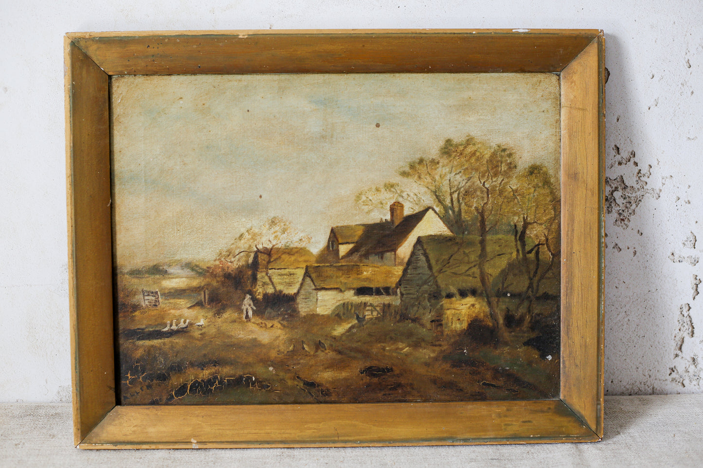 English Farmyard Landscape Signed Painting, c1900