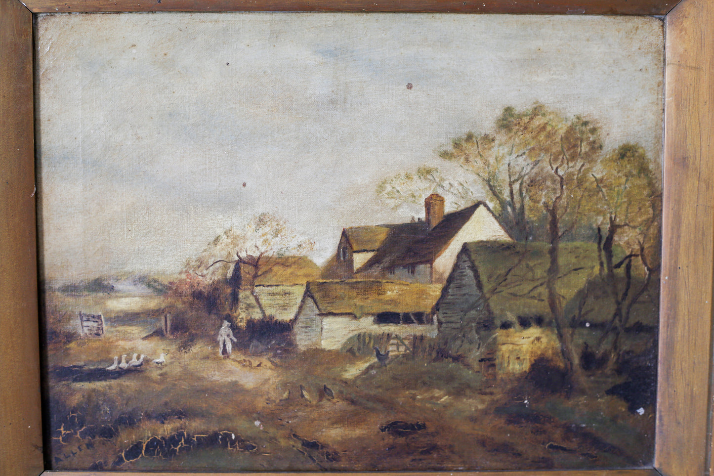 English Farmyard Landscape Signed Painting, c1900