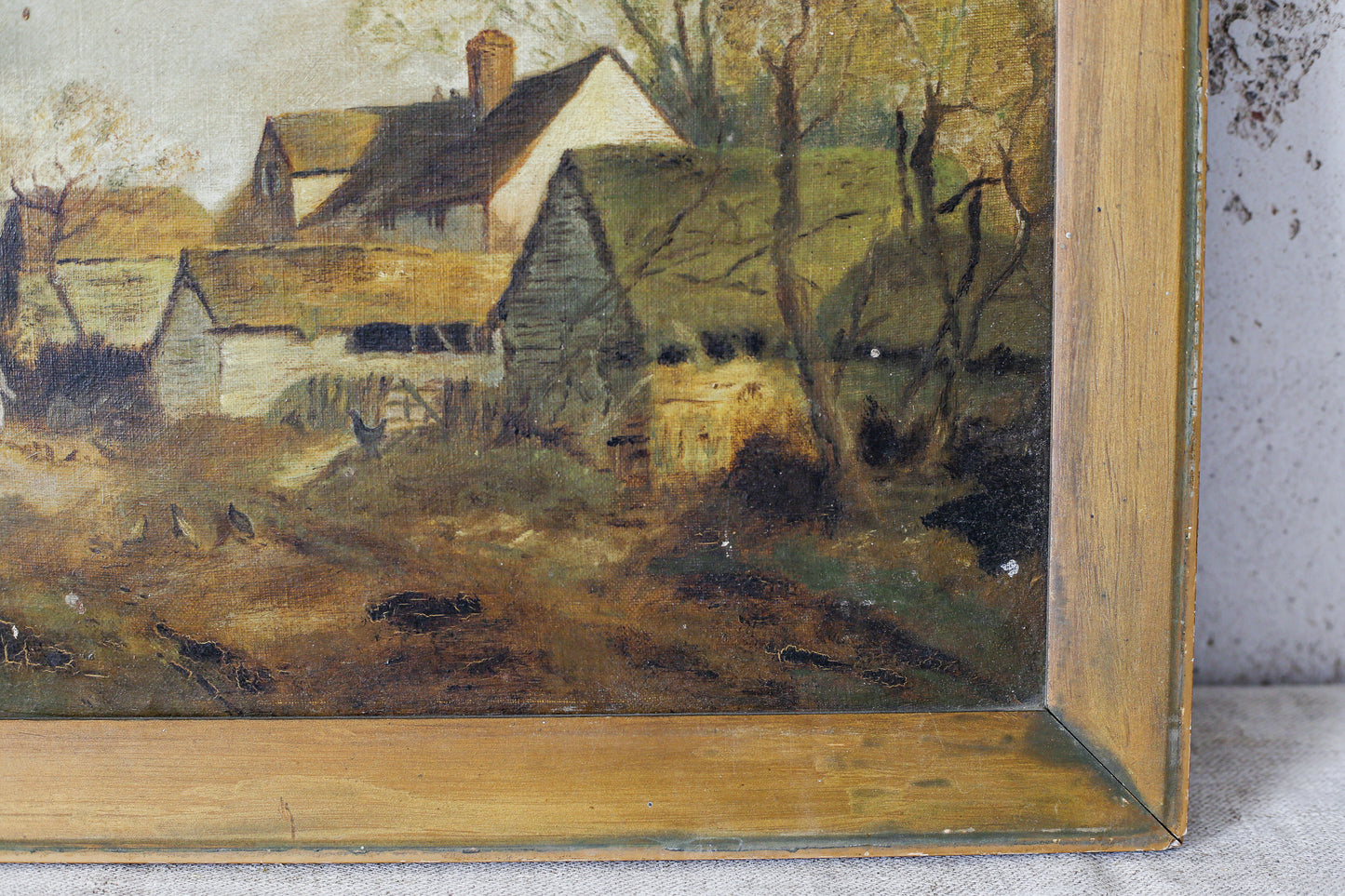 English Farmyard Landscape Signed Painting, c1900
