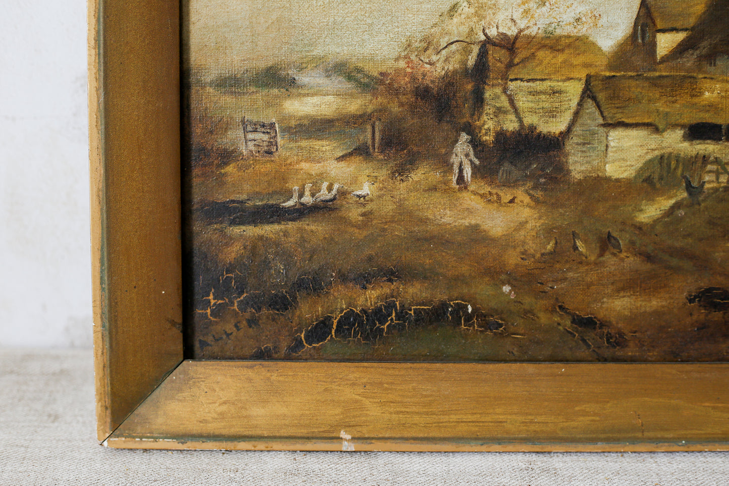 English Farmyard Landscape Signed Painting, c1900