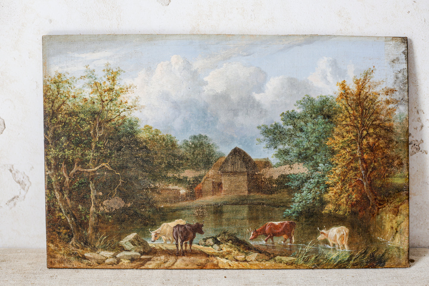English Oil Painting of Cows by Pond, 19th Century