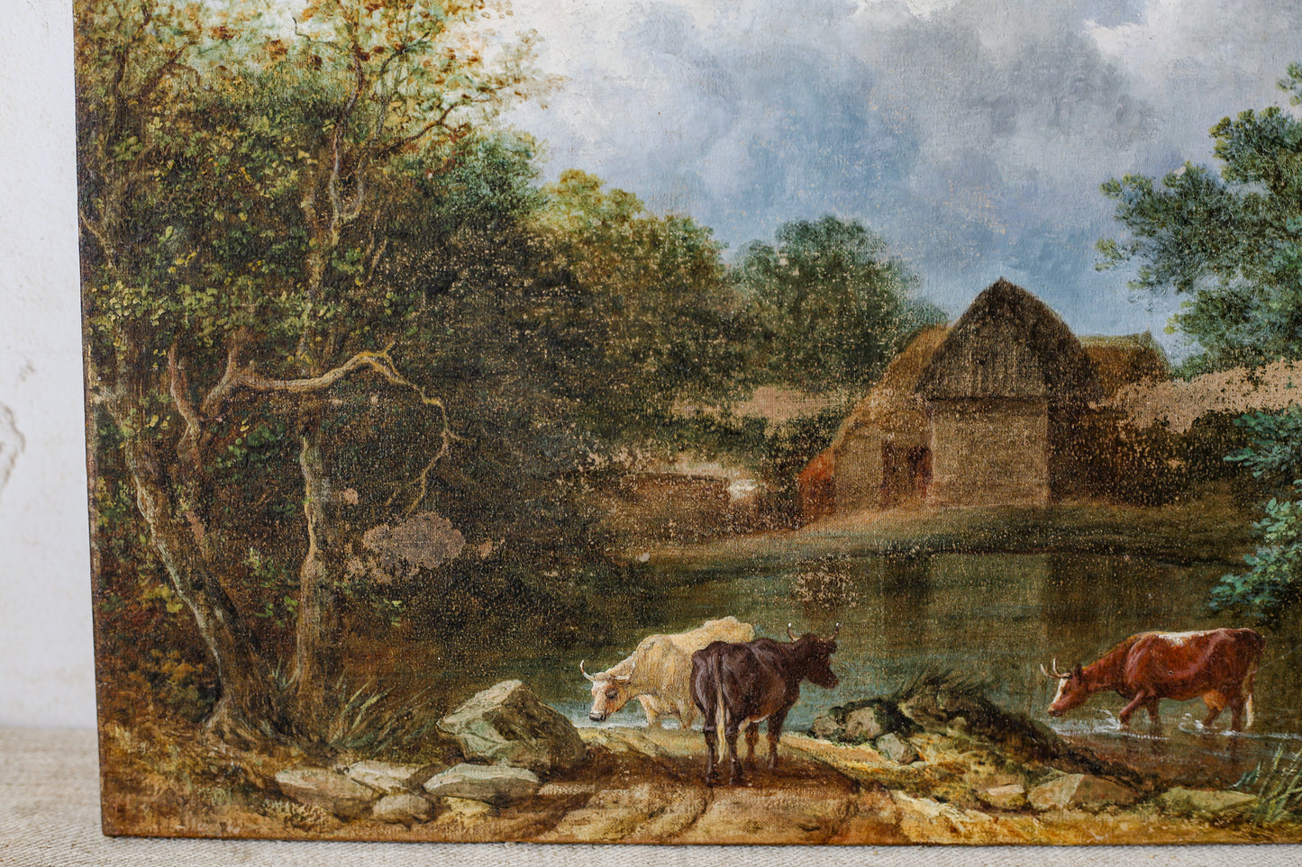 English Oil Painting of Cows by Pond, 19th Century