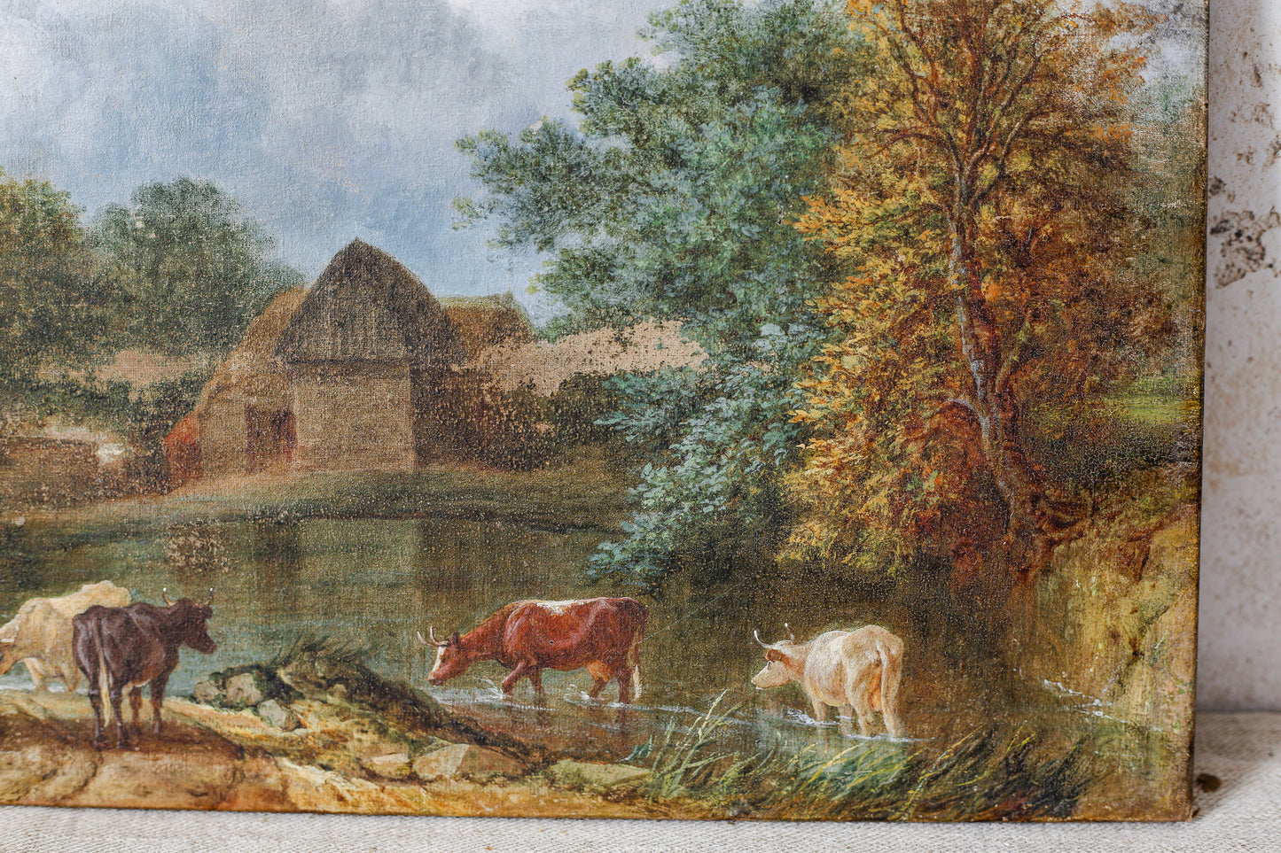 English Oil Painting of Cows by Pond, 19th Century