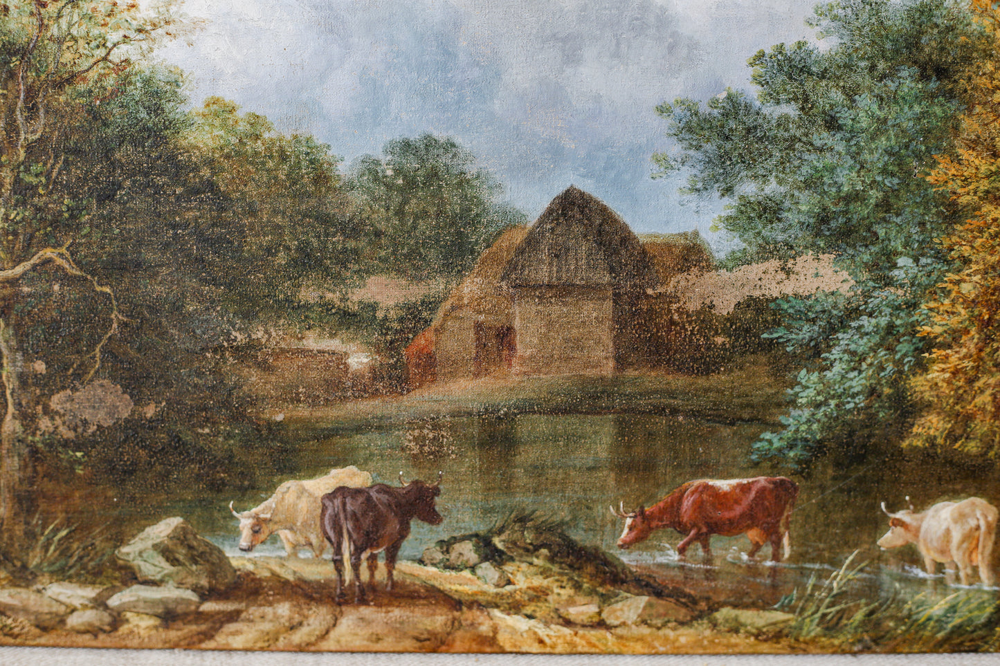 English Oil Painting of Cows by Pond, 19th Century